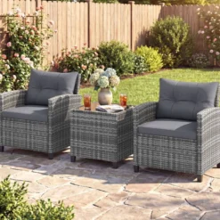 Rattan Gartenmöbel Set 3-Teiliges Balkonmöbel mit 2 Sessel und Tisch mit Sicherheitsglas-Tischplatte