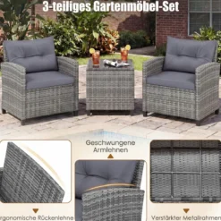 Rattan Gartenmöbel Set 3-Teiliges Balkonmöbel mit 2 Sessel und Tisch mit Sicherheitsglas-Tischplatte