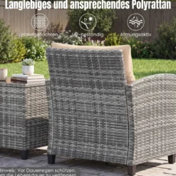 Rattan Gartenmöbel Set 3-Teiliges Balkonmöbel mit 2 Sessel und Tisch mit Sicherheitsglas-Tischplatte