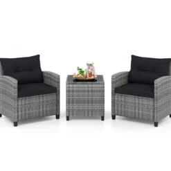 Rattan Gartenmöbel Set 3-Teiliges Balkonmöbel mit 2 Sessel und Tisch mit Sicherheitsglas-Tischplatte