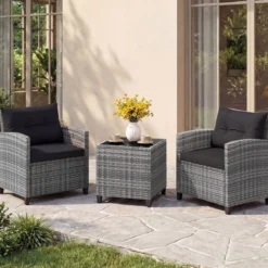 Rattan Gartenmöbel Set 3-Teiliges Balkonmöbel mit 2 Sessel und Tisch mit Sicherheitsglas-Tischplatte