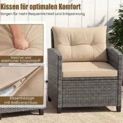 Rattan Gartenmöbel Set 3-Teiliges Balkonmöbel mit 2 Sessel und Tisch mit Sicherheitsglas-Tischplatte
