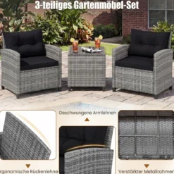 Rattan Gartenmöbel Set 3-Teiliges Balkonmöbel mit 2 Sessel und Tisch mit Sicherheitsglas-Tischplatte