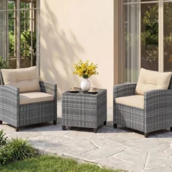 Rattan Gartenmöbel Set 3-Teiliges Balkonmöbel mit 2 Sessel und Tisch mit Sicherheitsglas-Tischplatte