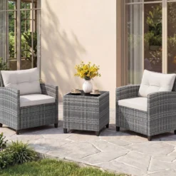 Rattan Gartenmöbel Set 3-Teiliges Balkonmöbel mit 2 Sessel und Tisch mit Sicherheitsglas-Tischplatte