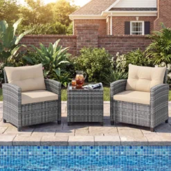 Rattan Gartenmöbel Set 3-Teiliges Balkonmöbel mit 2 Sessel und Tisch mit Sicherheitsglas-Tischplatte