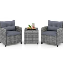 Rattan Gartenmöbel Set 3-Teiliges Balkonmöbel mit 2 Sessel und Tisch mit Sicherheitsglas-Tischplatte