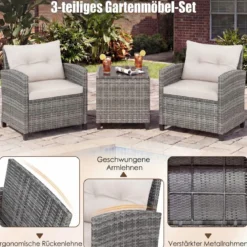 Rattan Gartenmöbel Set 3-Teiliges Balkonmöbel mit 2 Sessel und Tisch mit Sicherheitsglas-Tischplatte
