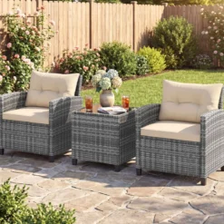 Rattan Gartenmöbel Set 3-Teiliges Balkonmöbel mit 2 Sessel und Tisch mit Sicherheitsglas-Tischplatte