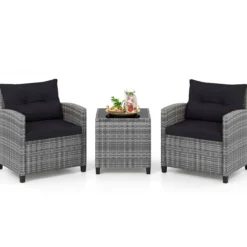 Rattan Gartenmöbel Set 3-Teiliges Balkonmöbel mit 2 Sessel und Tisch mit Sicherheitsglas-Tischplatte