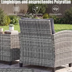 Rattan Gartenmöbel Set 3-Teiliges Balkonmöbel mit 2 Sessel und Tisch mit Sicherheitsglas-Tischplatte