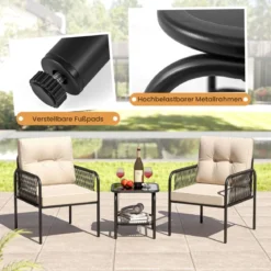 Rattan Gartenmöbel Set 3tlg. Balkonmöbel mit 2 Stühle & Tisch & Kissen Beige