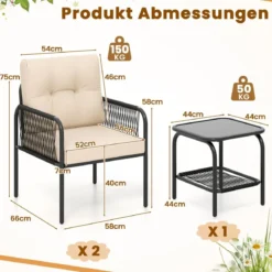 Rattan Gartenmöbel Set 3tlg. Balkonmöbel mit 2 Stühle & Tisch & Kissen Beige