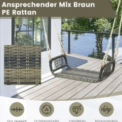 Rattan Hängesessel mit 2 Hanfseilen Wetterfester Hängestuhl Belastbar bis 180kg Schaukelsitz