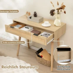 Rattan Konsolentisch mit Ausziehschublade Eingangsbereich Tisch Bauernhaus Holztisch