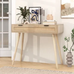 Rattan Konsolentisch mit Ausziehschublade Eingangsbereich Tisch Bauernhaus Holztisch