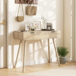 Rattan Konsolentisch mit Ausziehschublade Eingangsbereich Tisch Bauernhaus Holztisch