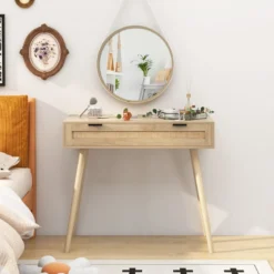 Rattan Konsolentisch mit Ausziehschublade Eingangsbereich Tisch Bauernhaus Holztisch