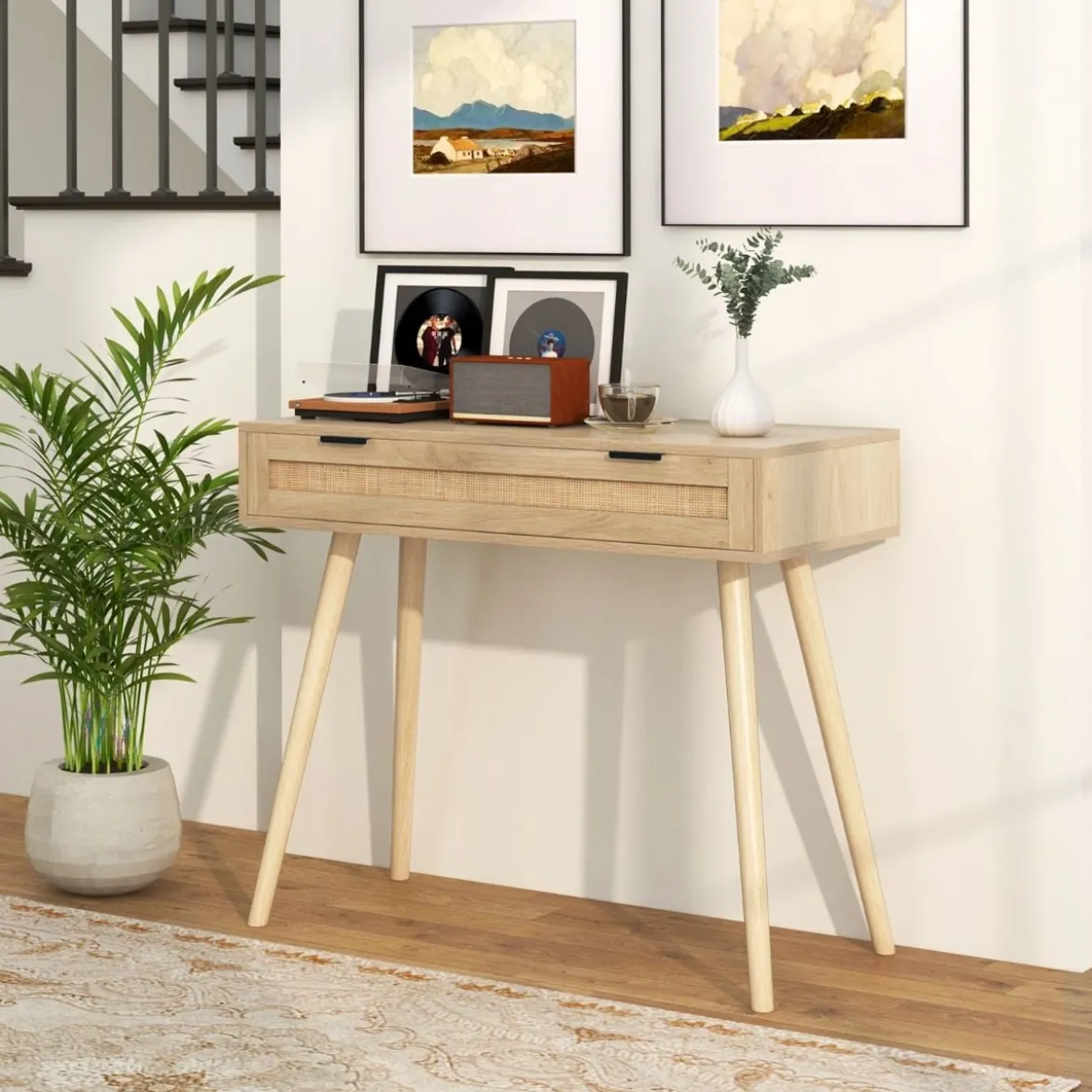 Rattan Konsolentisch mit Ausziehschublade Eingangsbereich Tisch Bauernhaus Holztisch