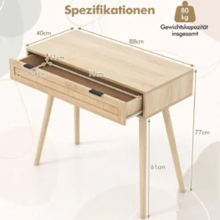 Rattan Konsolentisch mit Ausziehschublade Eingangsbereich Tisch Bauernhaus Holztisch