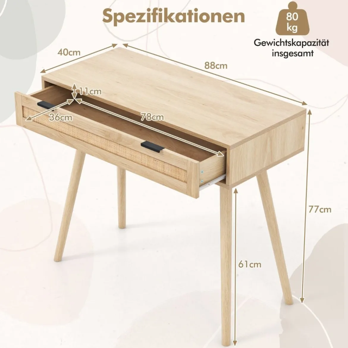 Rattan Konsolentisch mit Ausziehschublade Eingangsbereich Tisch Bauernhaus Holztisch