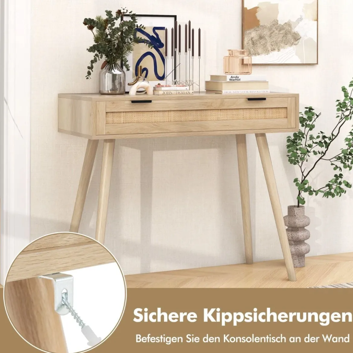 Rattan Konsolentisch mit Ausziehschublade Eingangsbereich Tisch Bauernhaus Holztisch