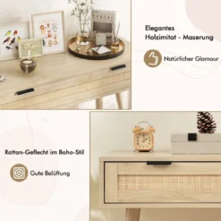 Rattan Konsolentisch mit Ausziehschublade Eingangsbereich Tisch Bauernhaus Holztisch