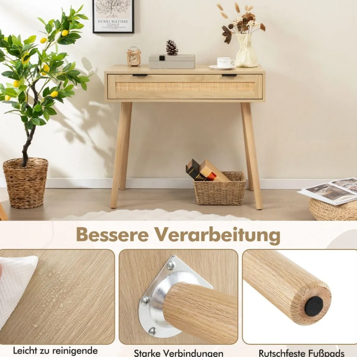 Rattan Konsolentisch mit Ausziehschublade Eingangsbereich Tisch Bauernhaus Holztisch