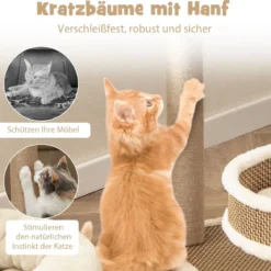 Rattan Kratzbaum mit Plattform & 3 Spielbällen & Kratzpfosten & Bett Katzenbaum Katzenkratzbaum