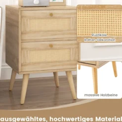 Rattan Nachttisch im Boho-Stil mit 2 Schubladen & Massivholzbeinen Moderner Nachtschrank