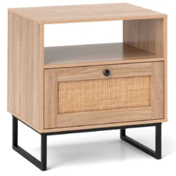 Rattan Nachttisch im Mittelalterstil mit Schublade & Offenem Fach Beistelltisch Akzenttisch