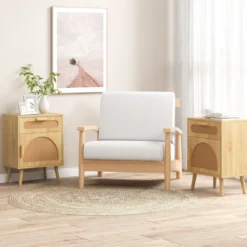 Rattan Nachttisch mit Schublade & Schrank Nachtschrank im Boho-Stil Beistelltisch Sofatisch