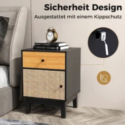 Rattan Nachttisch mit Schublade & Schrank Nachtschrank im Boho-Stil Beistelltisch