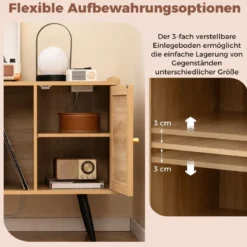 Rattan Plattenspieler-Ständer mit Ladestation Vinyl Schallplattenspieler Tisch für 220 Schallplatten Natur