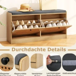 Rattan Schuhbank mit 2 Klappen & Verstellbaren Regalen & Gepolsterter Sitzfläche Schuhschrank