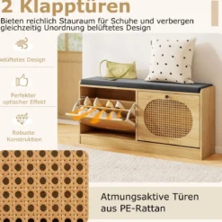 Rattan Schuhbank mit 2 Klappen & Verstellbaren Regalen & Gepolsterter Sitzfläche Schuhschrank