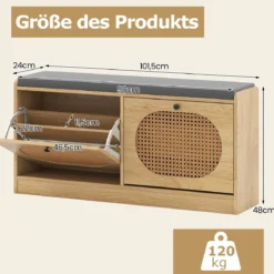 Rattan Schuhbank mit 2 Klappen & Verstellbaren Regalen & Gepolsterter Sitzfläche Schuhschrank