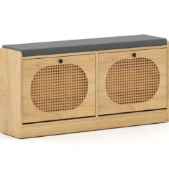 Rattan Schuhbank mit 2 Klappen & Verstellbaren Regalen & Gepolsterter Sitzfläche Schuhschrank