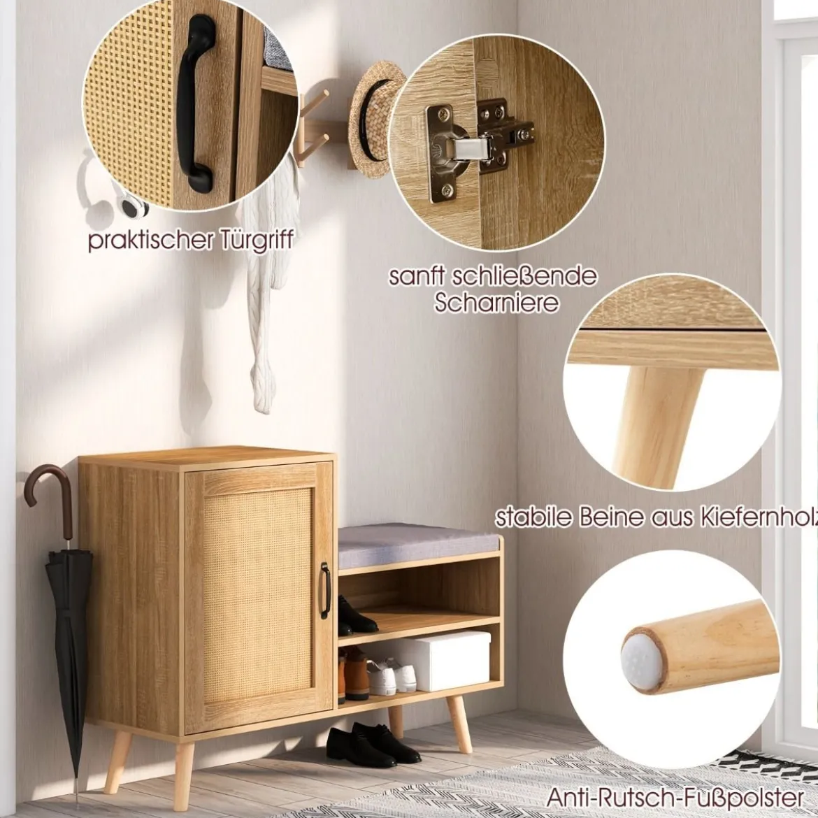 Rattan-Schuhschrank mit Bank 2-in-1-Schuhwechselbank mit 3 verstellbaren Regalen 105 x 35 x 76 cm Natur