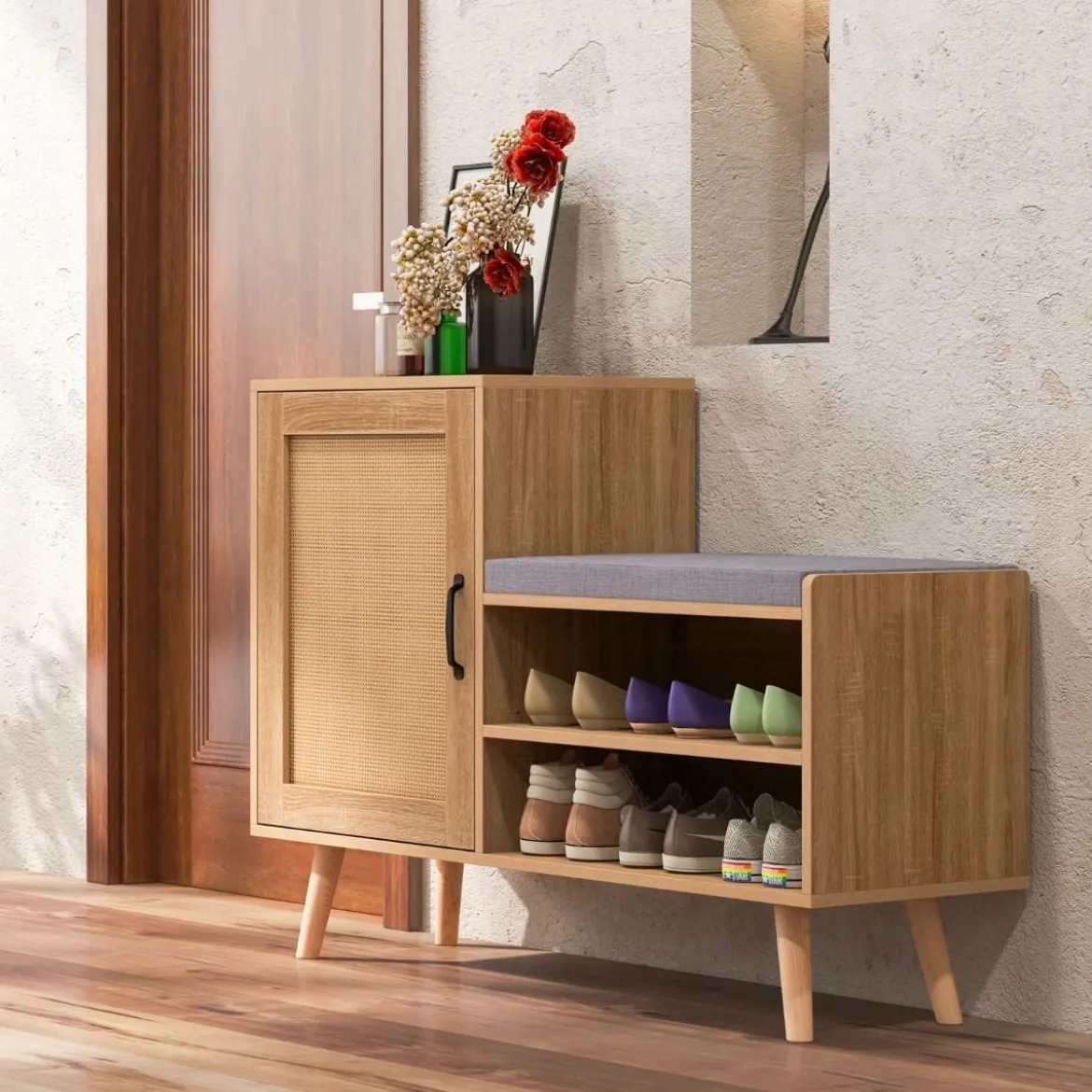 Rattan-Schuhschrank mit Bank 2-in-1-Schuhwechselbank mit 3 verstellbaren Regalen 105 x 35 x 76 cm Natur