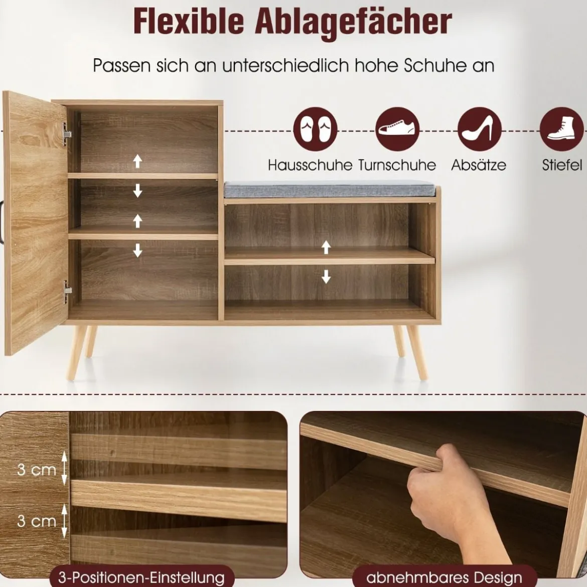 Rattan-Schuhschrank mit Bank 2-in-1-Schuhwechselbank mit 3 verstellbaren Regalen 105 x 35 x 76 cm Natur