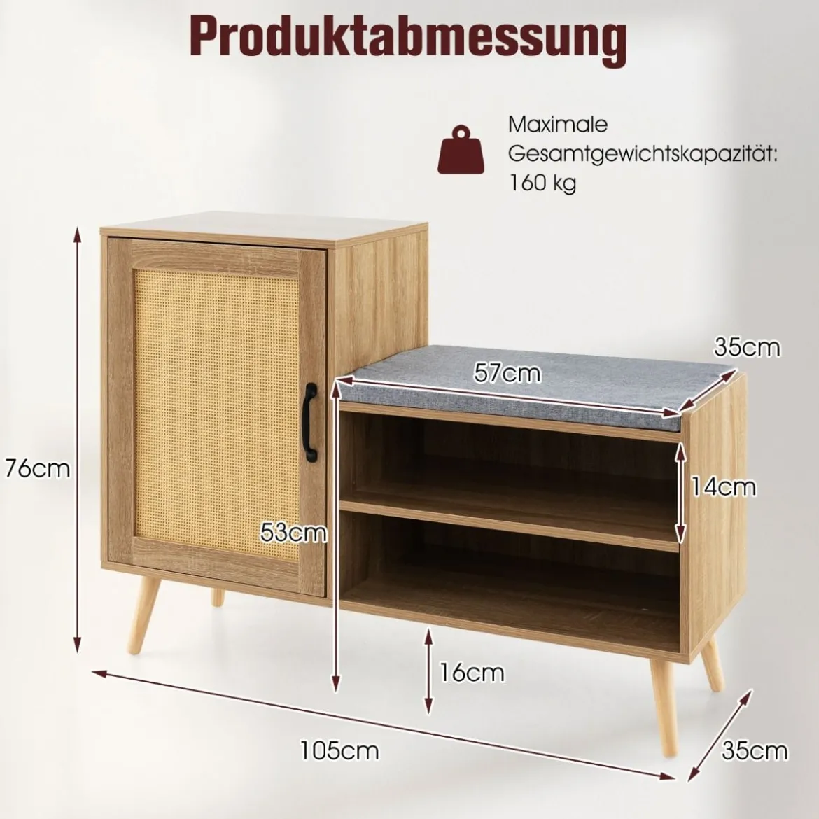 Rattan-Schuhschrank mit Bank 2-in-1-Schuhwechselbank mit 3 verstellbaren Regalen 105 x 35 x 76 cm Natur