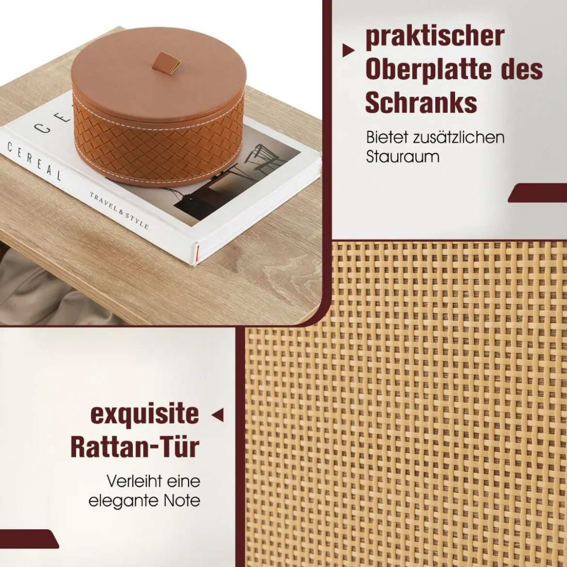 Rattan-Schuhschrank mit Bank 2-in-1-Schuhwechselbank mit 3 verstellbaren Regalen 105 x 35 x 76 cm Natur