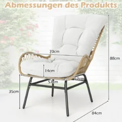 Rattansessel Gartenstuhl mit dickem Kissen Rattanstuhl XXL Terrassenstuhl Gartensessel für Terrasse bis 180 kg belastbar