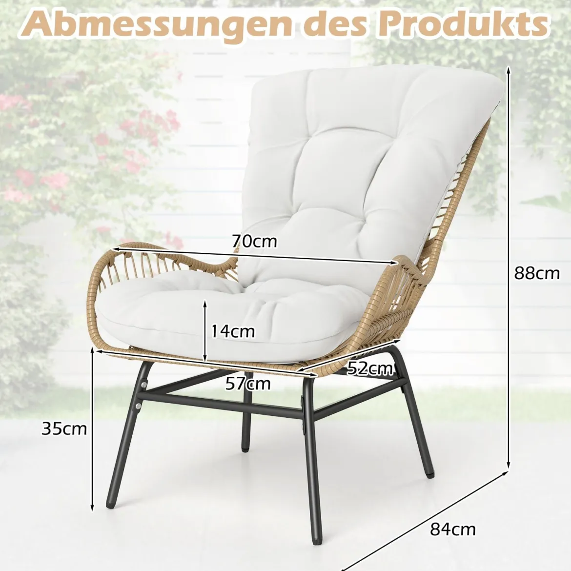 Rattansessel Gartenstuhl mit dickem Kissen Rattanstuhl XXL Terrassenstuhl Gartensessel für Terrasse bis 180 kg belastbar