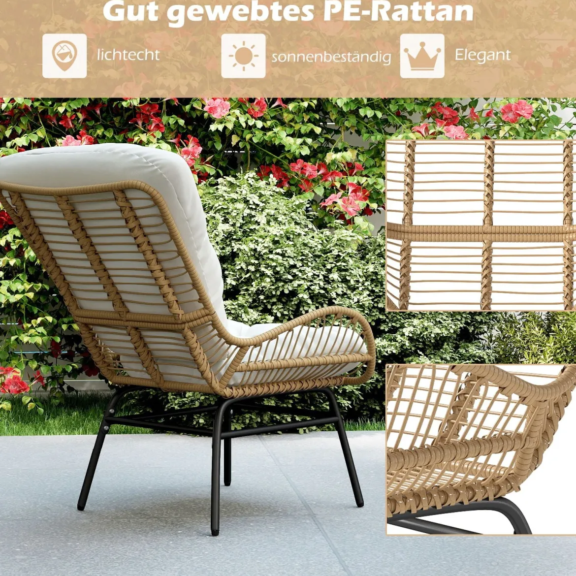 Rattansessel Gartenstuhl mit dickem Kissen Rattanstuhl XXL Terrassenstuhl Gartensessel für Terrasse bis 180 kg belastbar