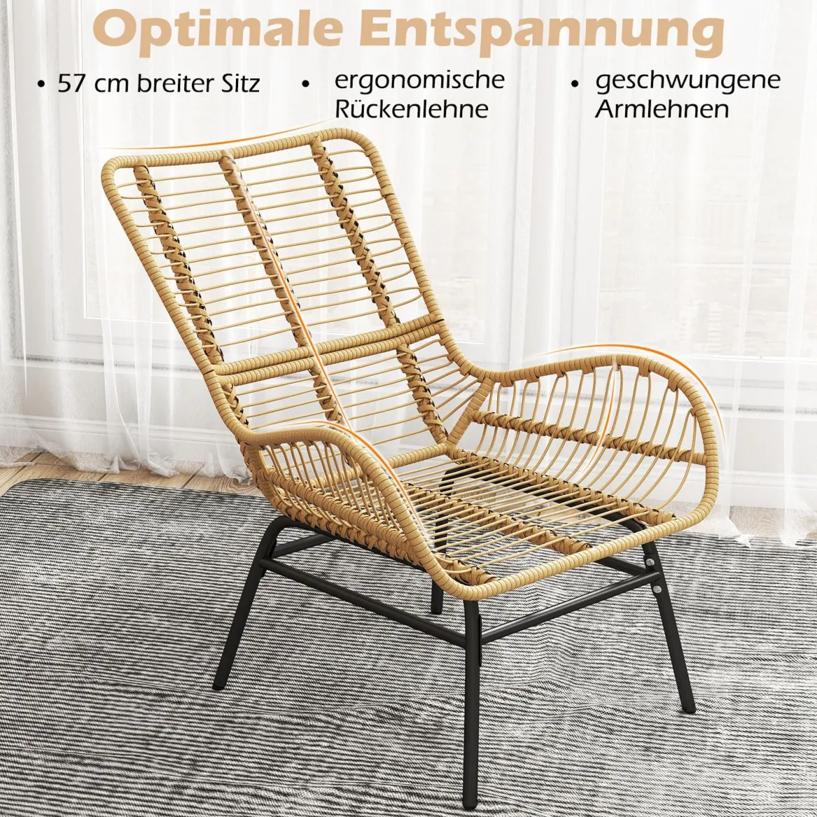Rattansessel Gartenstuhl mit dickem Kissen Rattanstuhl XXL Terrassenstuhl Gartensessel für Terrasse bis 180 kg belastbar