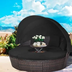 Rattan Sonneninsel mit faltbarem Sonnendach Sonnenliege Ø185 x 142 cm Braun + Schwarz