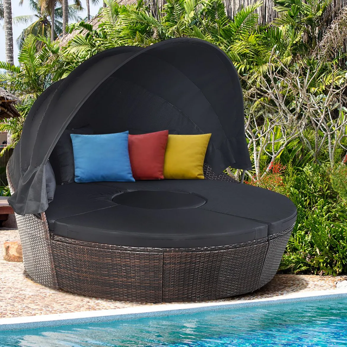 Rattan Sonneninsel mit faltbarem Sonnendach Sonnenliege Ø185 x 142 cm Braun + Schwarz