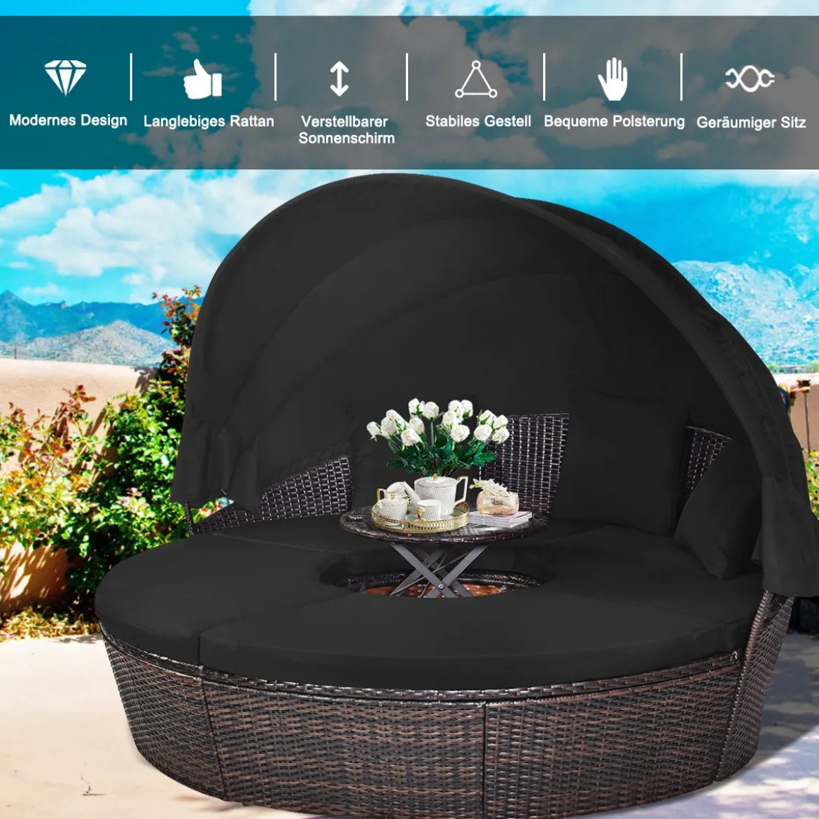 Rattan Sonneninsel mit faltbarem Sonnendach Sonnenliege Ø185 x 142 cm Braun + Schwarz
